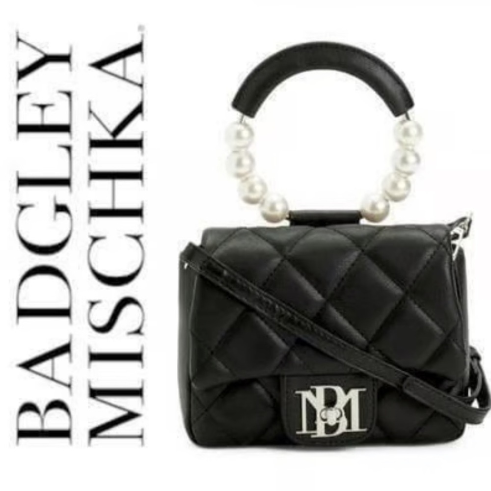 Badgley Mischka/Vegan Leather Clutch Bag Pearl Handle Black Crossbody Purse - Picture 8 of 9